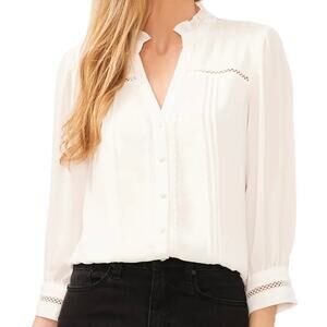 CeCe Women’s Lace Trimmed Pintuck 3/4-Sleeve Button Front Blouse Ivory Size XL